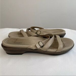Dansko 3 Strap Sand Leather Backless Wooden Heel Sandals Size 38 Size 7.5